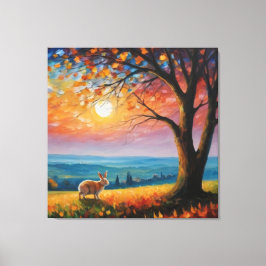 木と日の入った野原のウサギ キャンバスプリント