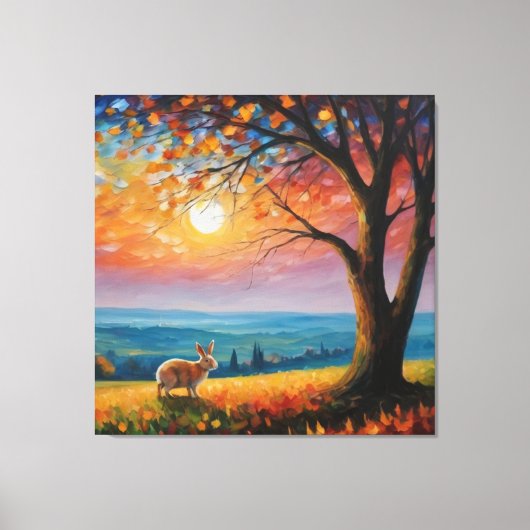 木と日の入った野原のウサギ キャンバスプリント (正面)