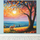 木と日の入った野原のウサギ キャンバスプリント (インサイチュ (ウッドフロア))