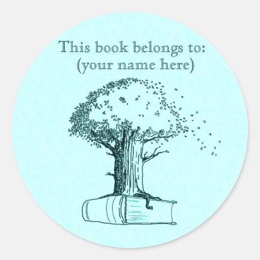 木と本、ライトブルー ラウンドシール (正面)