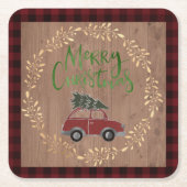 木と格子状のクリスマス スクエアペーパーコースター (正面)