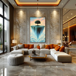 木と滝の浮き島 – シュール ポスター