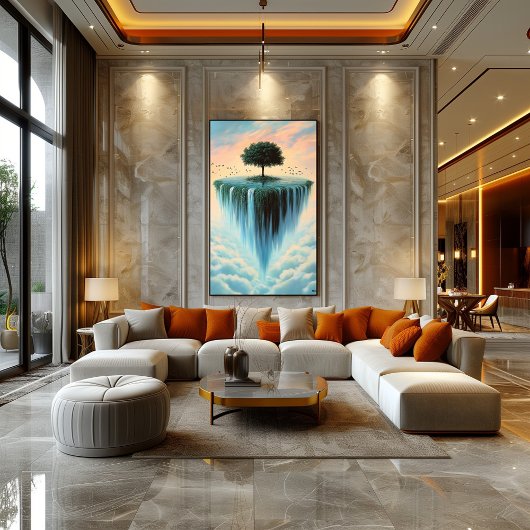 木と滝の浮き島 – シュール ポスター