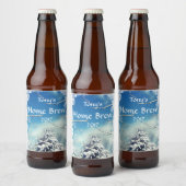 木と白の雪のクリスマスビアラベル ビールラベル (ボトル)