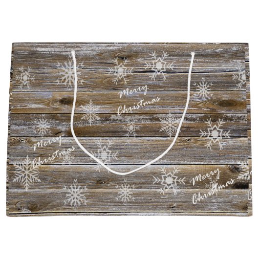 木と白素朴雪片メリークリスマス ラージペーパーバッグ (正面)