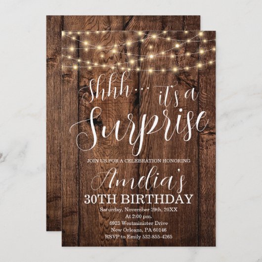 木と素朴ひもライトサプライズ誕生日 招待状 (正面/裏面)