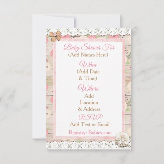 木と素朴花ピンクとタンベビーシャワー 招待状 (裏面)