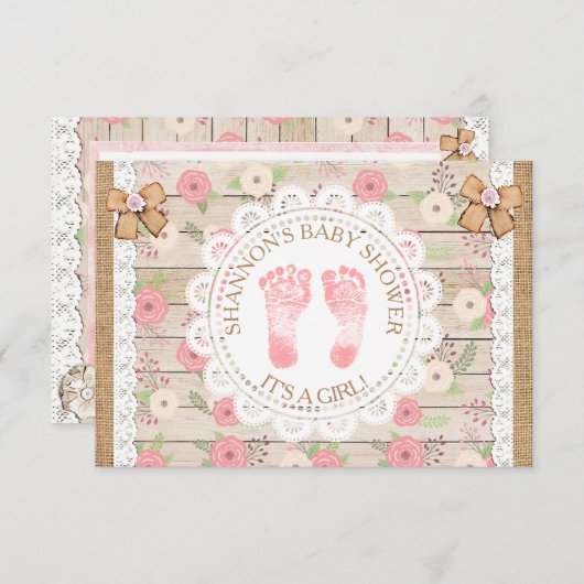 木と素朴花ピンクとタンベビーシャワー 招待状 (正面/裏面)