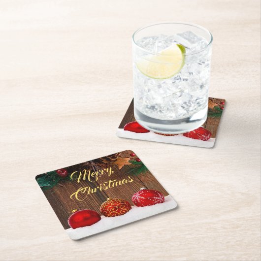 木と素朴赤のベリーのクリスマス スクエアペーパーコースター (インサイチュ)