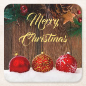 木と素朴赤のベリーのクリスマス スクエアペーパーコースター (正面)