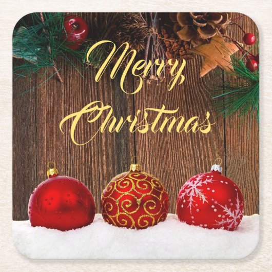 木と素朴赤のベリーのクリスマス スクエアペーパーコースター (正面)