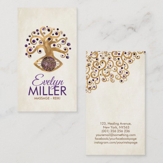 木と花 – アメジストと金ゴールド 名刺 (正面/裏面)