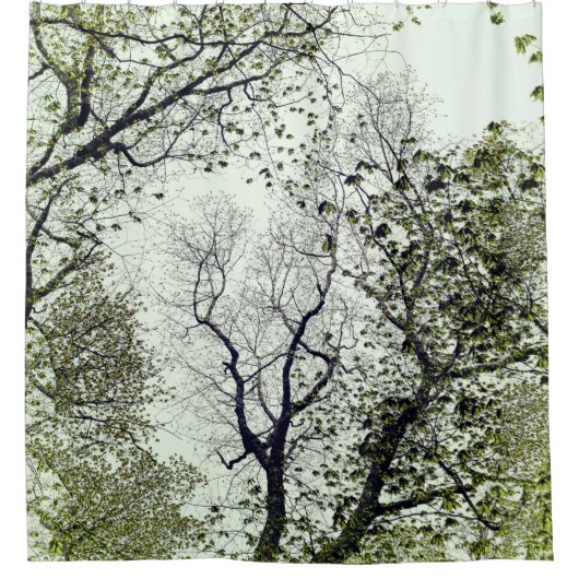 木と葉木々オリーブとシーショムグリーン シャワーカーテン (正面)