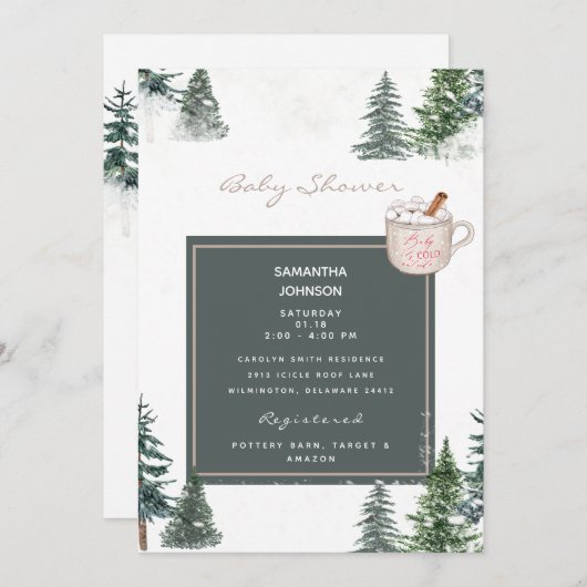 木と雪のベビー外の冷たいシャワーの侵入者 招待状 (正面/裏面)