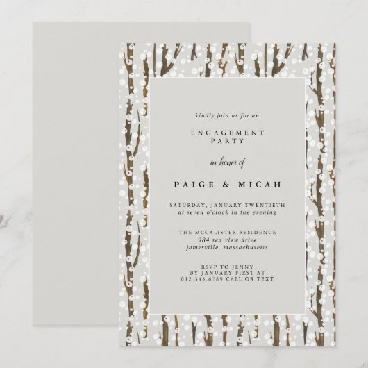 木と雪の素朴な冬のエンゲージメントパーティー 招待状 (正面/裏面)