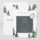 木と雪の青いベイビーシャワー　外は寒いよ 招待状 (正面/裏面)