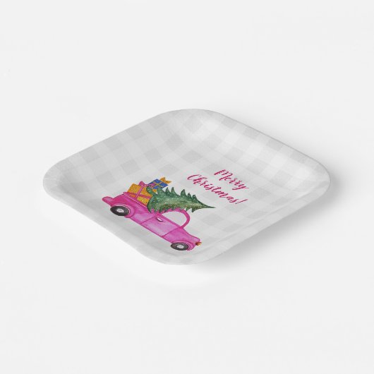 木と願いを持つクリスマスピンクのトラック ペーパープレート (傾斜あり)