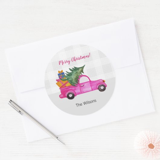 木と願いを持つクリスマスピンクのトラック ラウンドシール (封筒)