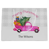 木と願いを持つクリスマスピンクのトラック ラージペーパーバッグ (正面)