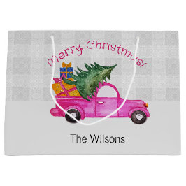 木と願いを持つクリスマスピンクのトラック ラージペーパーバッグ