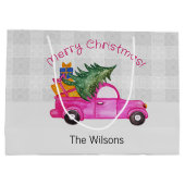 木と願いを持つクリスマスピンクのトラック ラージペーパーバッグ (裏面)