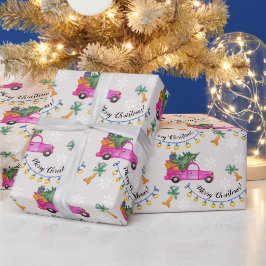 木と願いを持つクリスマスレッドピンクのトラック ラッピングペーパー