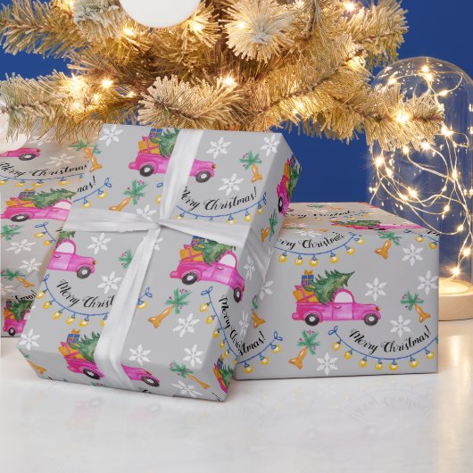 木と願いを持つクリスマスレッドピンクのトラック ラッピングペーパー (クリスマス)