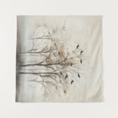 木と鳥の抽象芸術キャンバス タペストリー (正面(横))