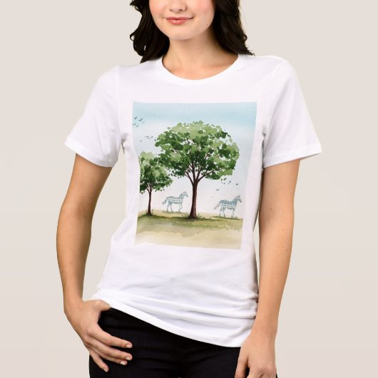 木と2頭の馬のシルエット トライブレンドTシャツ (正面)