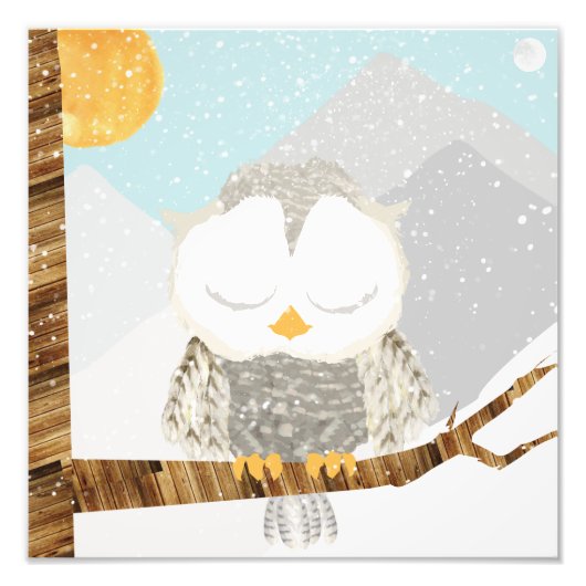 木にいる雪のオウルが寝ている フォトプリント            (正面)