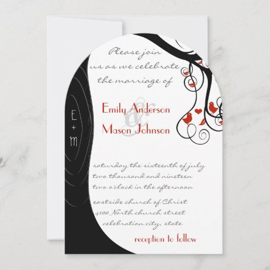 木にお洒落黒と赤の鳥を渦巻く 招待状 (正面)