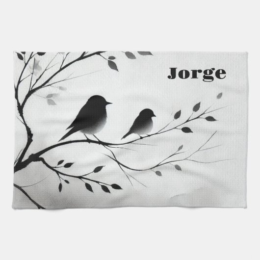 木にシンプル止まる白黒の鳥 | キッチンタオル (横)