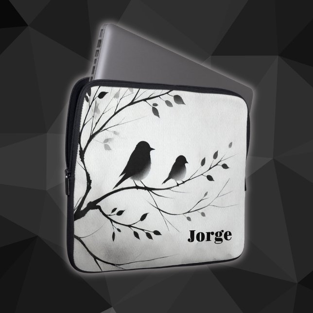 木にシンプル止まる白黒の鳥 | ラップトップスリーブ (クリエイターアップロード済み)