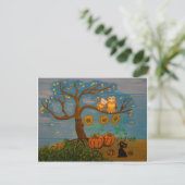 木にフクロウ、ひまわり、かぼちゃと黒猫 ポストカード (スタンド正面)