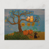 木にフクロウ、ひまわり、かぼちゃと黒猫 ポストカード (正面)