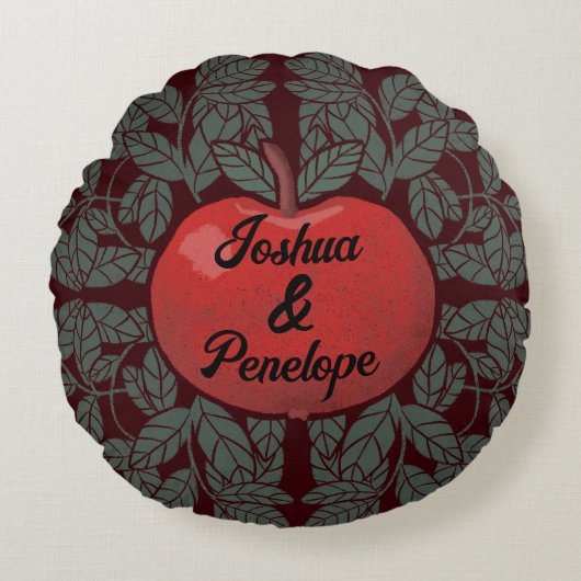 木にリンゴ、名前パーソナライズされた、素朴な ラウンドクッション (正面)