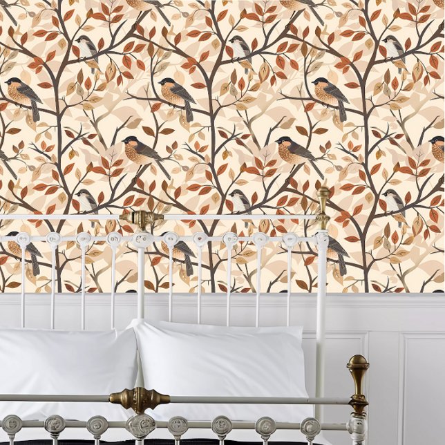 木に座るコテージコアの鳥 壁紙 (Cottagecore Birds Sitting in Trees Wallpaper behind a white metal framed bed.)