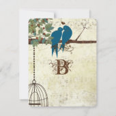 木に座るターコイズの愛の鳥たち　Save the Date 招待状 (裏面)