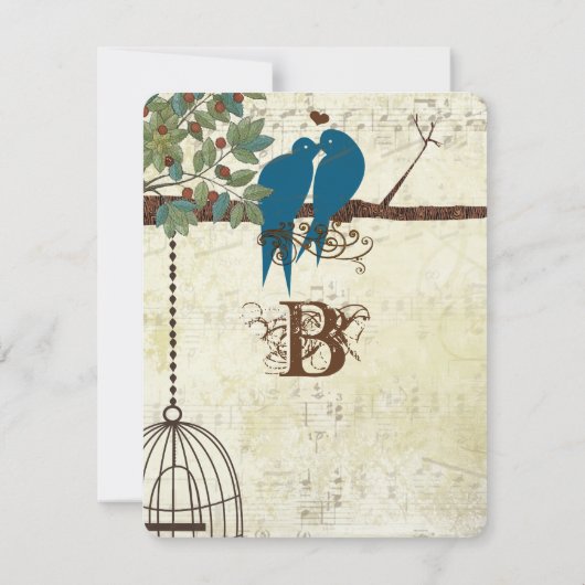 木に座るターコイズの愛の鳥たち　Save the Date 招待状 (裏面)