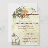 木に座るラスティックな愛の鳥の結婚式 招待状 (正面)