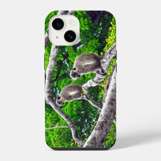 木に座る二匹の緑の猿 プリントケース iPhoneケース (裏面)