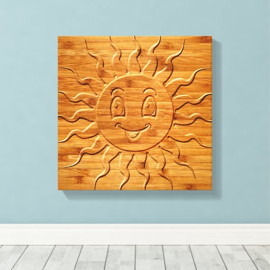 木に彫られた笑顔の太陽顔のプリント キャンバスプリント (インサイチュ (ウッドフロア))