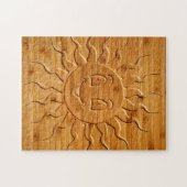 木に彫られた笑顔の太陽顔のプリント ジグソーパズル (横)