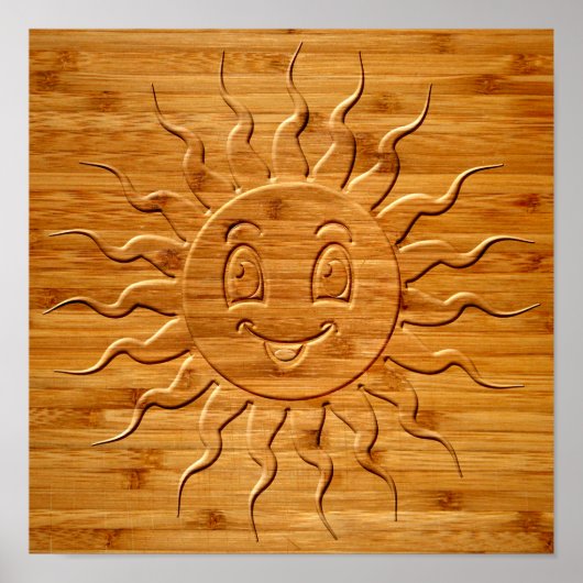 木に彫られた笑顔の太陽顔のプリント ポスター (正面)