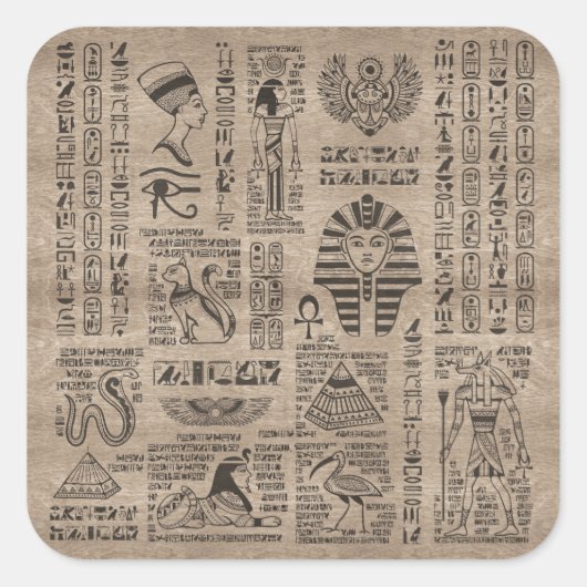 木に描かれたエジプトの象形文字と記号 スクエアシール (正面)