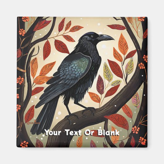 木に止まるカラフルなカラス マグネット (正面)