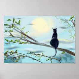 木に浮かぶ水彩画の黒猫 ポスター