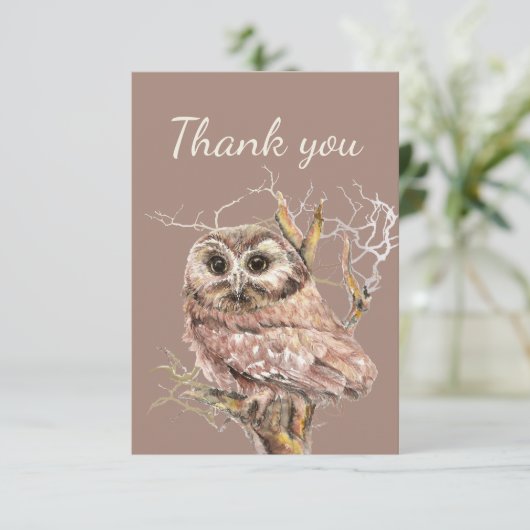 木に生えるフクロウの鳥に感謝 サンキューカード (スタンド正面)