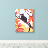 木に登った黒猫 | 秋 紅葉 おかしい かわいい キャンバスプリント (インサイチュ (ウッドフロア))