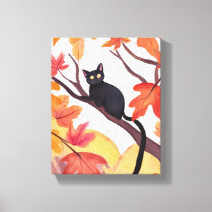 木に登った黒猫 秋 紅葉 おかしい かわいい キャンバスプリント